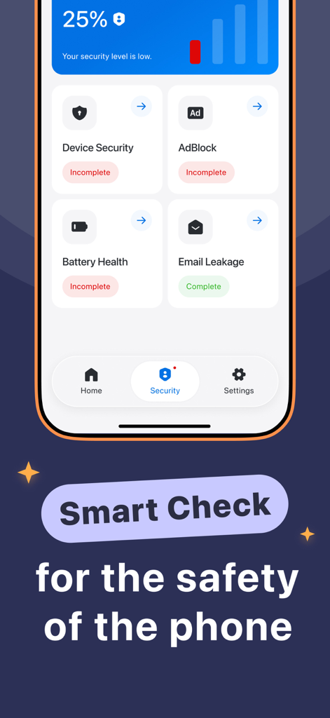 Interface of Wipy Cleaner App showing security scores and phone safety check features