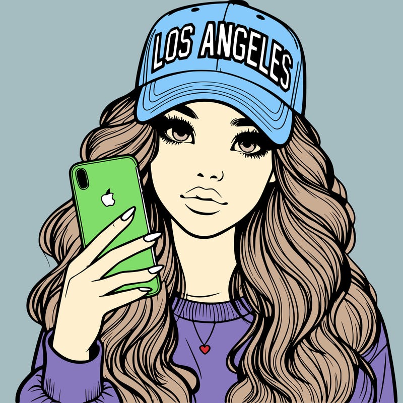 realistic beautiful girl wearing los ángeles cap holding an iphone