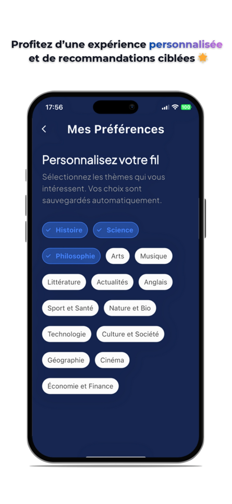 Cogito App preferences screen showing categories like History Science and Philosophy for feed personalization