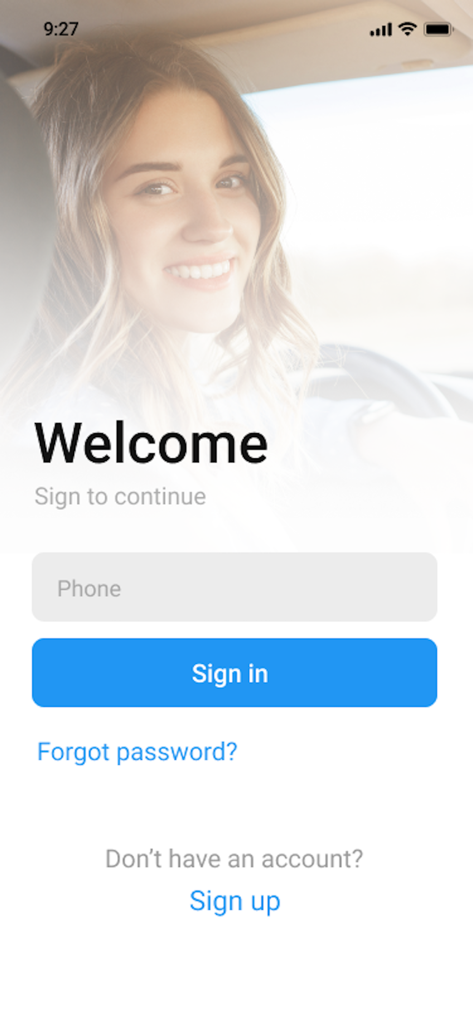 自動車教習所CRMアプリのログイン画面、ウェルカムメッセージと電話でのサインインが表示されます