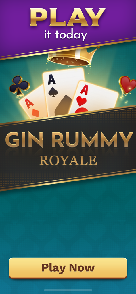 Pantalla de inicio de la aplicación móvil Gin Rummy Royale con iconos de cartas y botón de jugar