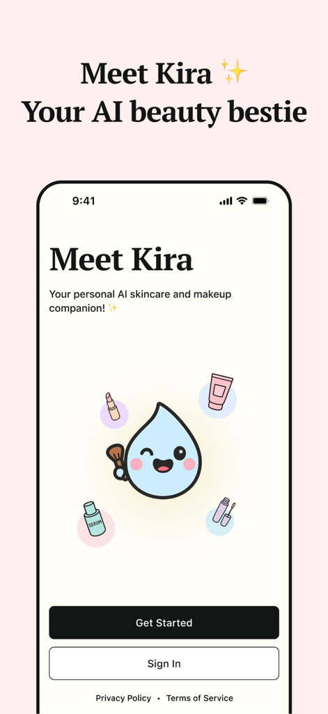Kina: AI Glow-Up Friend - Pantalla de bienvenida de la app de belleza IA Kina con un lindo personaje mascota azul rodeado de íconos de maquillaje