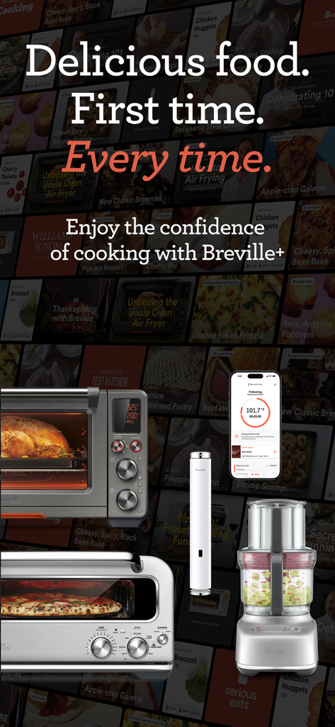 L'app Breville plus cooking visualizzata su un telefono con diversi elettrodomestici da cucina intelligenti