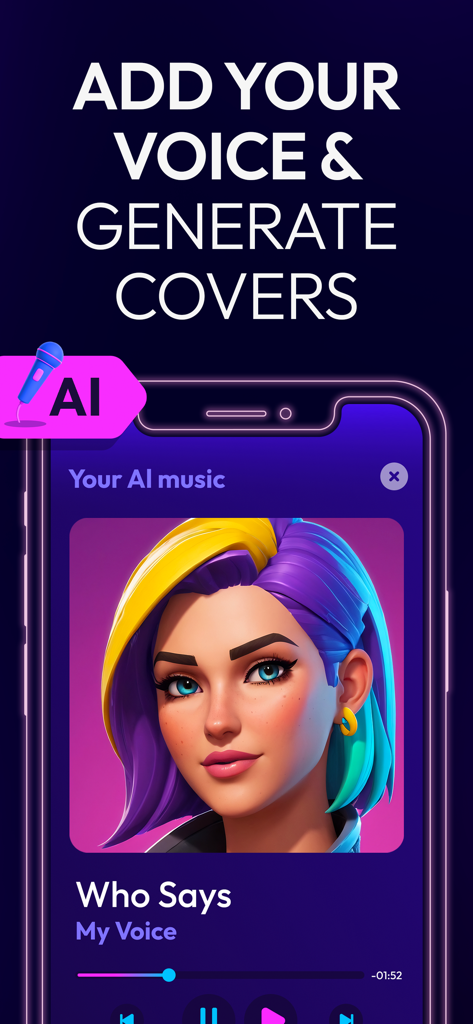 Pantalla de la aplicación Cover AI que muestra un cover de canción generado por IA para una voz personalizada.