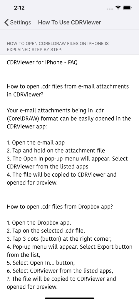 Step by step guide on how to open CorelDRAW files from email and Dropbox in VectorView