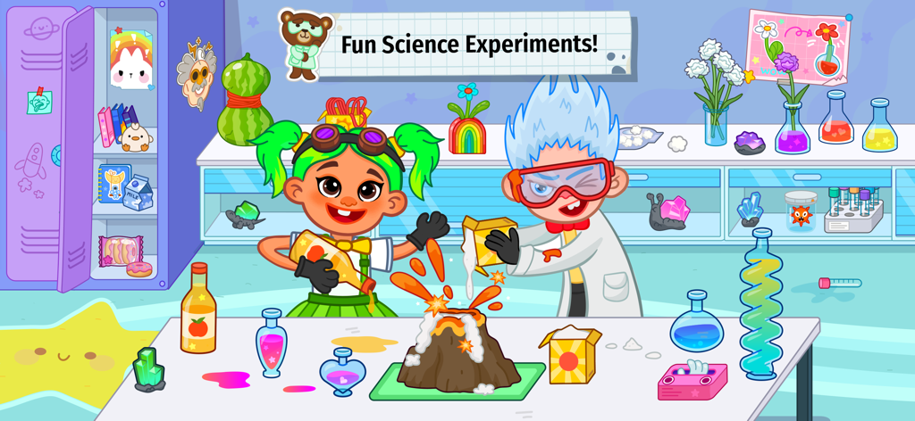 Pepi School: Fun Kid Games - Two kids in a science lab performing a volcano eruption experiment
