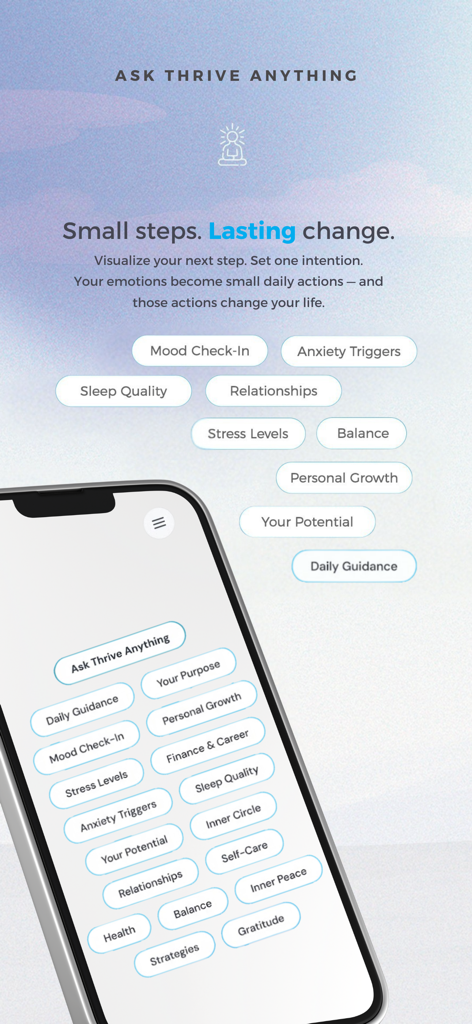 Thrive AI — Your daily guide - Thrive AIアプリのスマートフォン画面で、ストレスレベルやセルフケアなどのさまざまなウェルネスおよび振り返りカテゴリを表示
