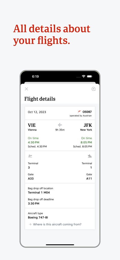 A screenshot of the Austrian Airlines app displaying real-time flight details for a flight from Vienna to New York including gate and terminal information.