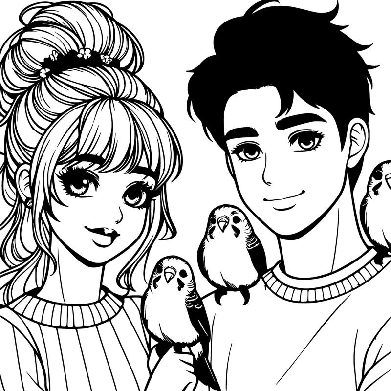 a pretty 10 year old blonde girl with her boyfriend who has stunning brown hair with there 2 beautiful birds