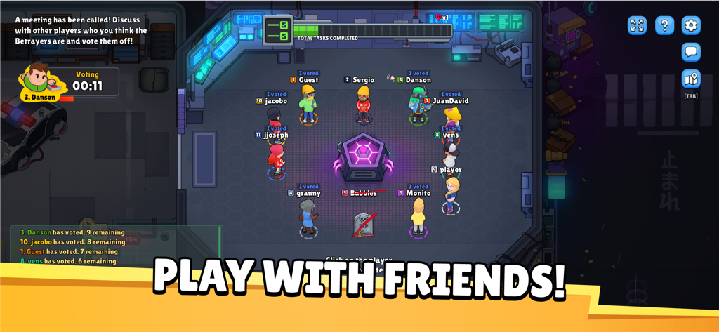 In-game screenshot of a voting meeting in Betrayal.io with players gathered in a circle and the text Play With Friends.
