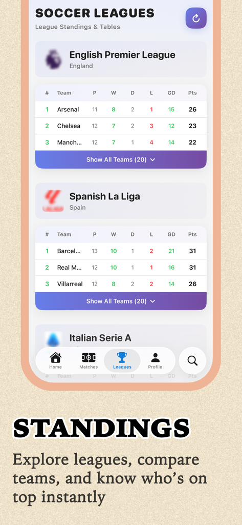 Nova Score - Nova soccer Hub - Interface do aplicativo móvel Nova Score exibindo classificações e tabelas de ligas de futebol