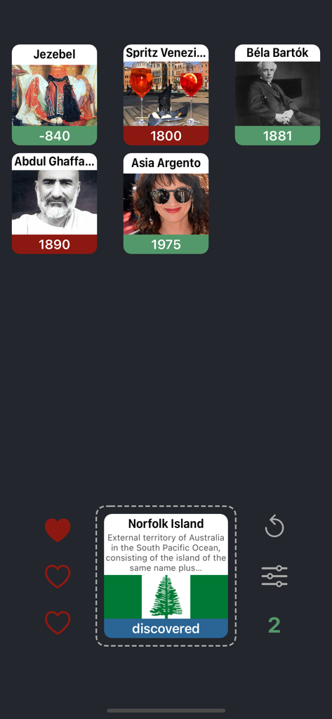 Wikitrivia History Quiz gameplay screen showing historical event cards being sorted on a chronological timeline