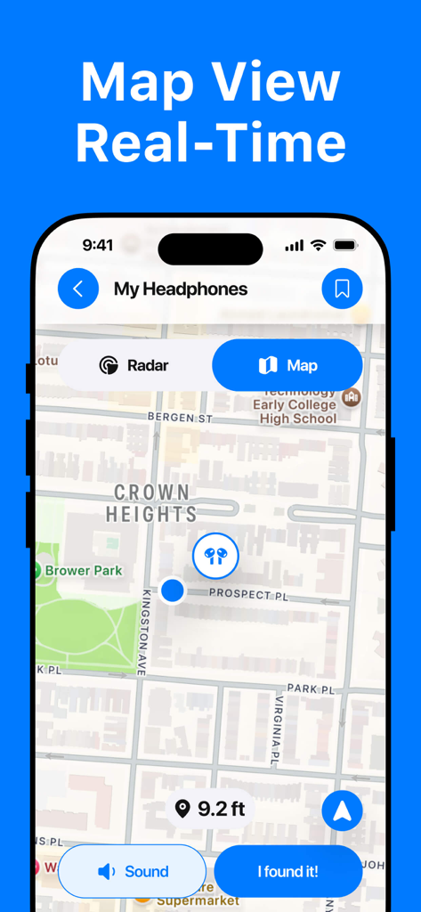 Find my Pods and Device - Real-time map view tracking a pair of lost headphones with a distance indicator.