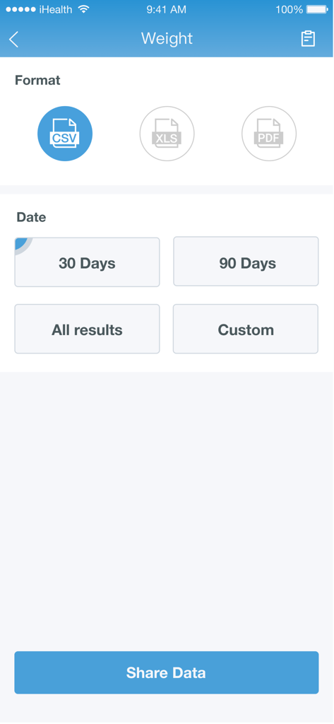 Schermata dell'app iHealth MyVitals che mostra opzioni per condividere i dati di peso in formato CSV, XLS o PDF per diversi periodi di tempo.