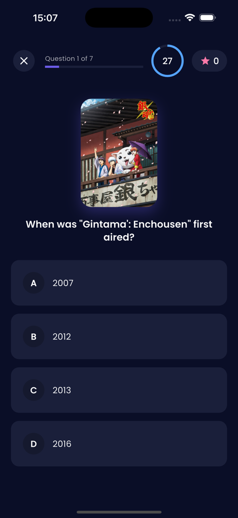 Anime slayer Tv - Una pantalla de pregunta de trivia en la aplicación Anime slayer Tv preguntando la fecha de emisión de Gintama Enchousen con respuestas de opción múltiple.
