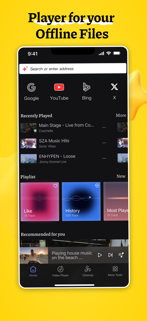 Offline: Music Player Browser - Il dashboard dell'app Offline Music Player Browser che mostra playlist musicali e collegamenti di ricerca
