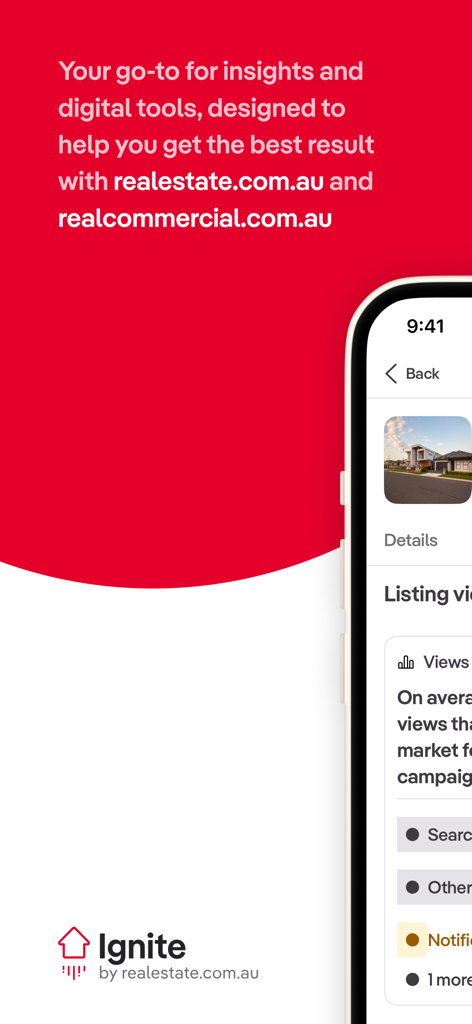 Ignite by realestate.com.au - Ignite by realestate.com.au app interface displaying property listing analytics and digital tools for real estate professionals
