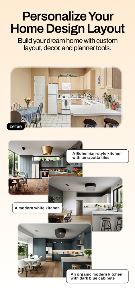 Vorher und nachher Küchenrenovierungsbeispiele, die böhmische und moderne Designstile zeigen, die von KI generiert wurden