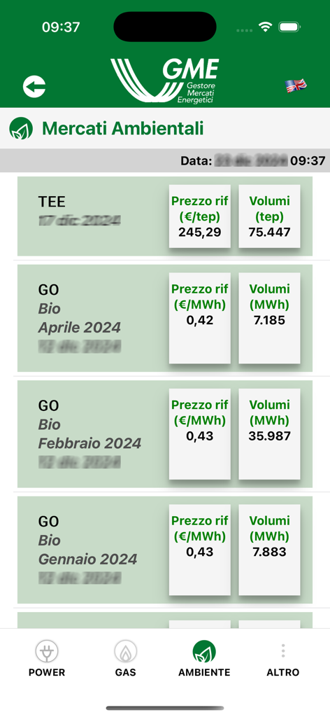 Interfaccia dell'App GME che mostra prezzi e volumi di mercato ambientale per certificati di efficienza energetica e garanzie di origine