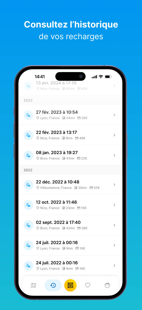 EVzen Charge - EVzen Charge mobile app screen displaying a list of electric vehicle charging history including date location and price