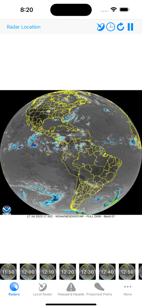 Hurricane Track+ Storm Tracker - Hurricane Track plus app displaying a full disk satellite radar view of North and South America.