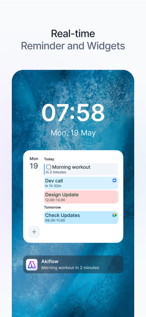 Widget móvil de Akiflow en la pantalla de bloqueo de un teléfono que muestra una agenda diaria programada y notificaciones de tareas en tiempo real