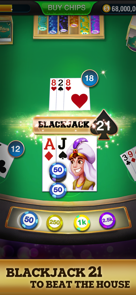 Blackjack 21: Casino Poker - A player winning with a blackjack hand of Ace and Jack against the dealer on a green casino table