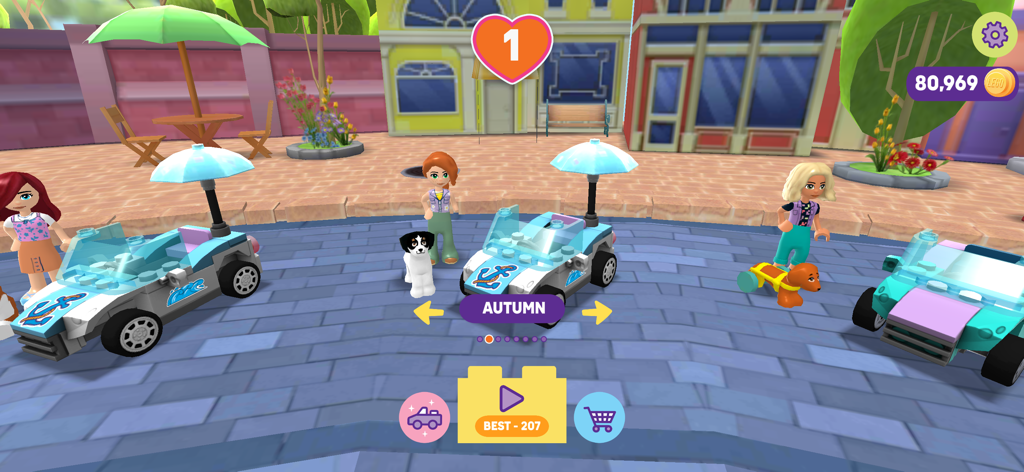 A character selection screen from LEGO Friends Heartlake Rush featuring Autumn and her customized car