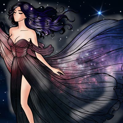 realistic woman in dress flowing the the wind