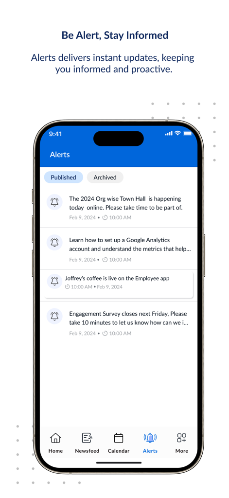 Mobile screen showing the Alerts feature of theEMPLOYEEapp 2.0 with corporate news and internal notifications for employees