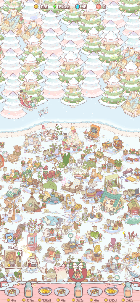 Scena di foresta innevata in Cats and Soup che mostra diversi gatti alle postazioni di cucina con decorazioni natalizie festive