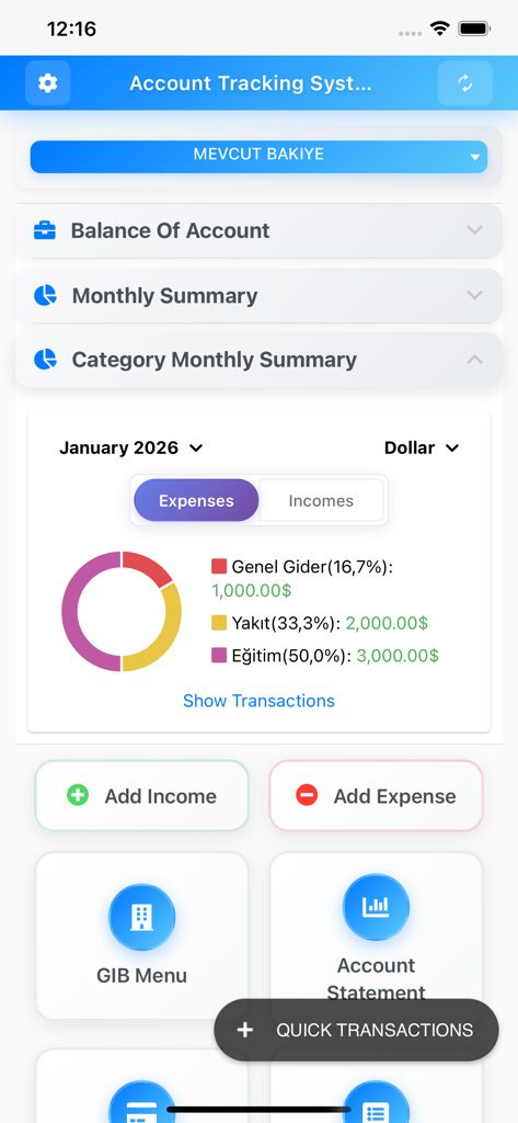 Account Tracking System dashboard showing monthly expense categories and transaction management
