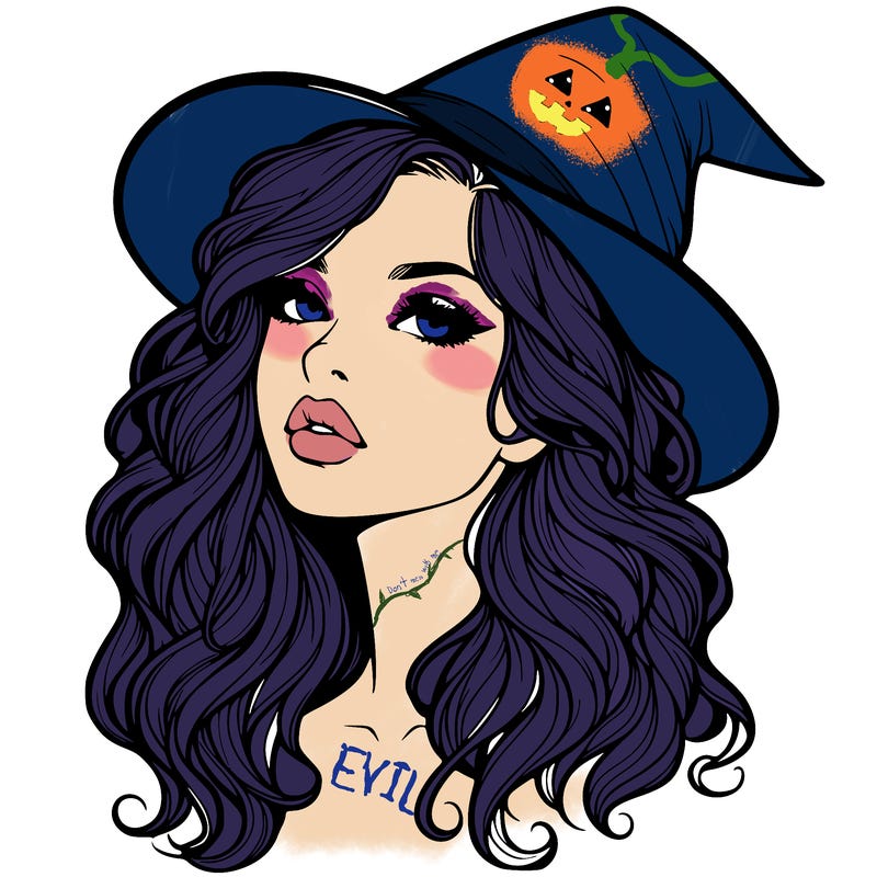 realistic witch girl with wavy hair and lips
