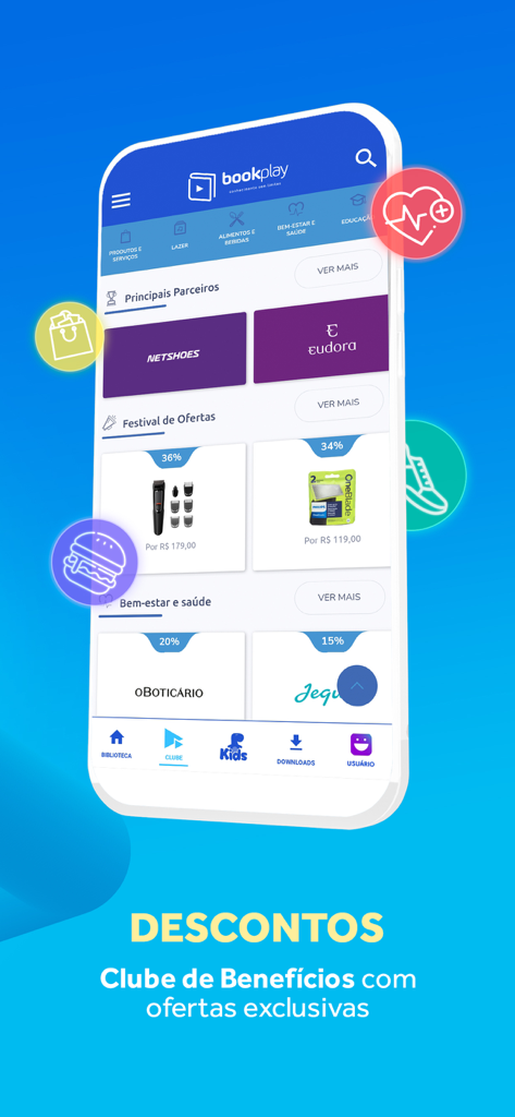 Bookplay - Captura de tela do aplicativo Bookplay mostrando o Clube de Benefícios com descontos exclusivos em compras.