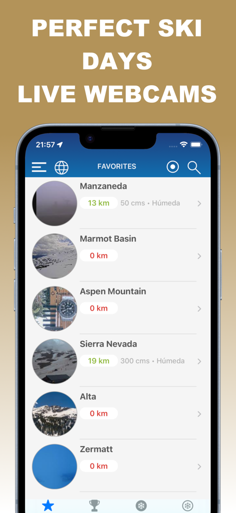 Interface of the Ski Resorts app showing a list of favorite ski stations with live webcam previews and snow reports