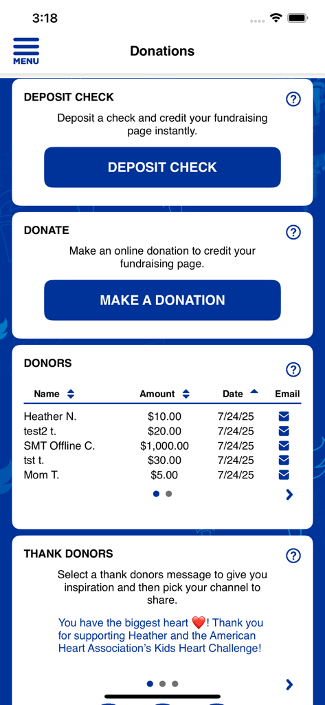 AHA Schools app donations screen showing donor list and deposit options