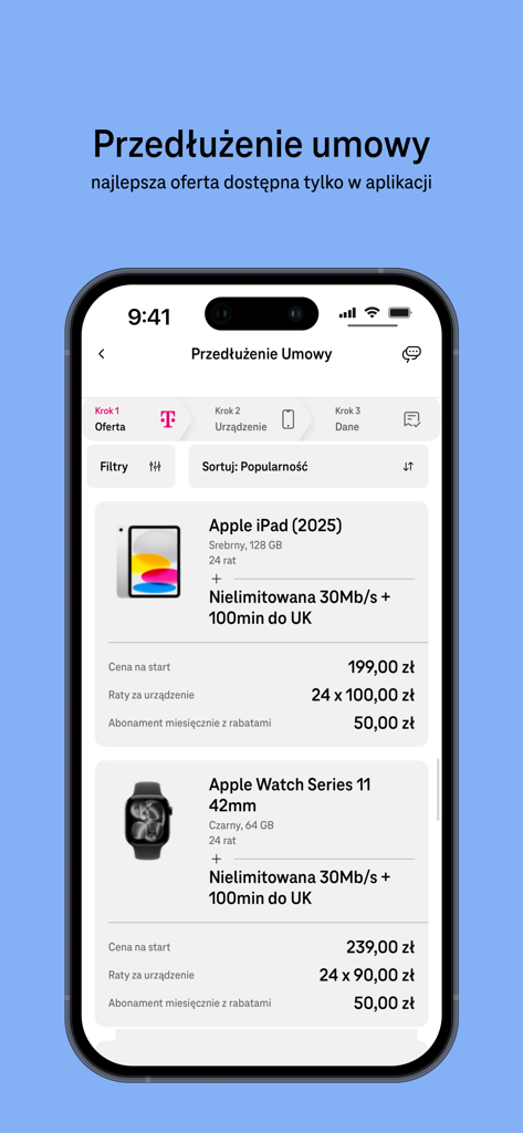 A smartphone screen displaying the Moj T-Mobile app featuring contract renewal offers for the iPad and Apple Watch with monthly payment plans.