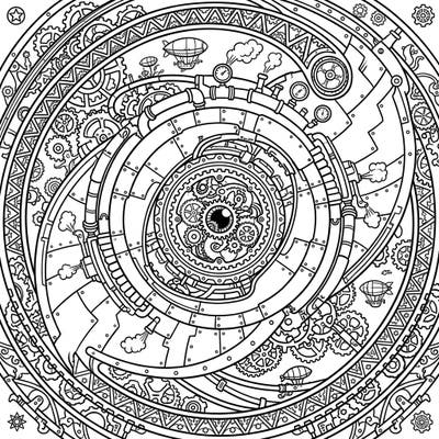 Dive into a unique celestial journey with this captivating Steampunk Cat's Eye Nebula coloring page. Witness the intricate dance of cosmic wonder and Victorian-era machinery, ready for your artistic flair.