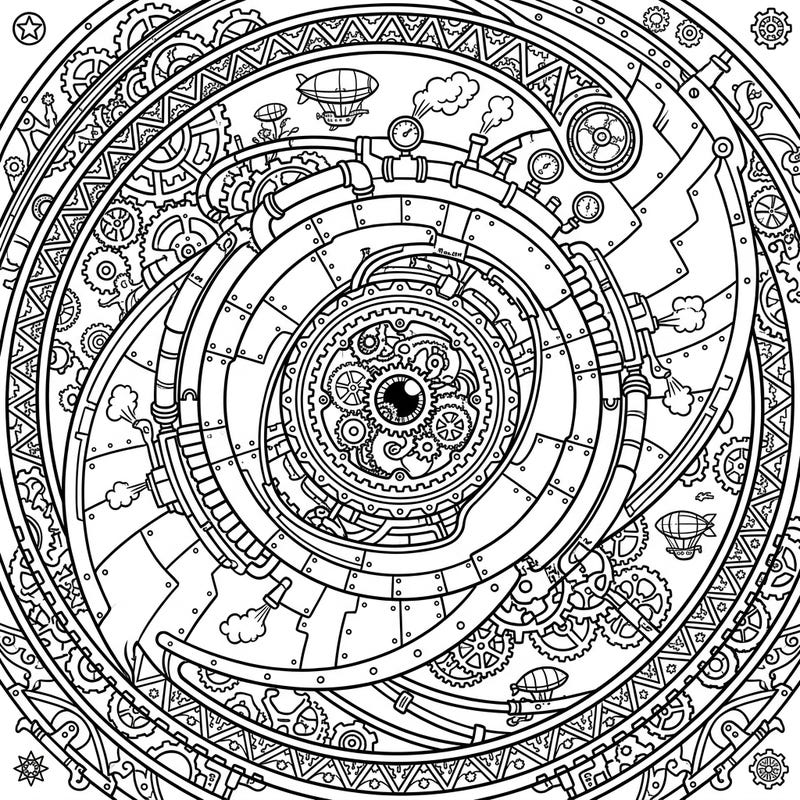 Dive into a unique celestial journey with this captivating Steampunk Cat's Eye Nebula coloring page. Witness the intricate dance of cosmic wonder and Victorian-era machinery, ready for your artistic flair.