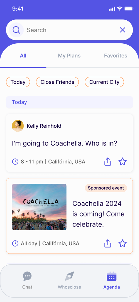 WhosClose - Interface de l'application mobile WhosClose Agenda affichant les plans sociaux personnels et les événements locaux sponsorisés comme Coachella