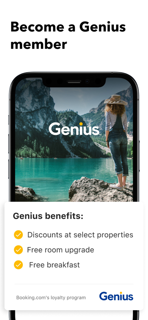 Booking.com App-Bildschirm mit Vorteilen des Genius-Treueprogramms, einschließlich Rabatten und kostenlosen Zimmer-Upgrades