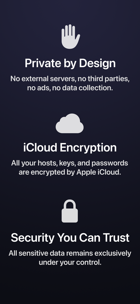 Termix Pro: SSH & SFTP Client - Privacy by design and iCloud encryption features of Termix Pro SSH client