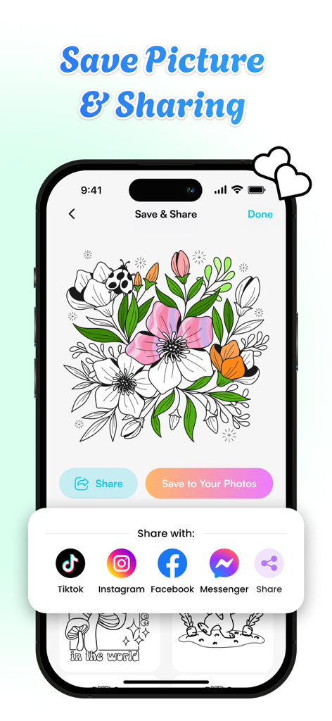 Corly: Color Picker Relax - Corly 앱의 공유 화면에 꽃 컬러링 페이지와 TikTok 및 Instagram 소셜 미디어 아이콘이 표시됨
