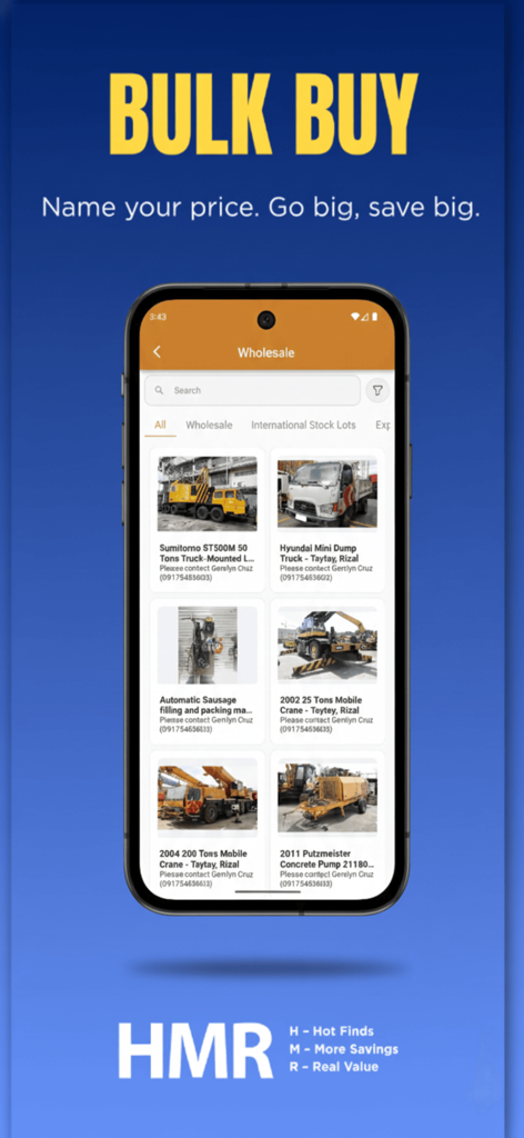 HMR.ph - HMR.ph app screen showing the bulk buy wholesale section with industrial equipment listings like cranes and trucks