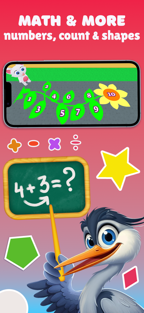 Kidduca 3D: Games For Kids 2+ - Kidduca 3D app screenshot featuring math addition on a chalkboard and a numbered path for counting practice.