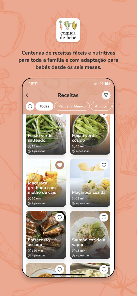 Comida de Bebé - Mobile app screen showing a grid of healthy family recipes including green beans and grilled corn with preparation times.