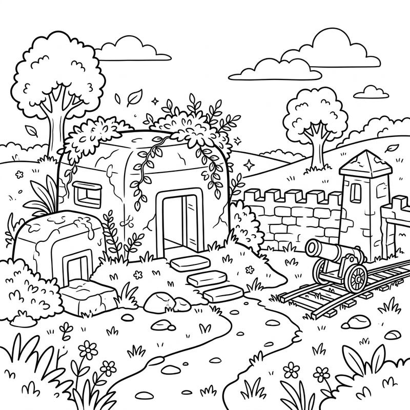 Journey back in time with this exciting coloring page designed for young adventurers! Kids will love bringing life to an abandoned military fort, complete with an old cannon and intriguing structures.