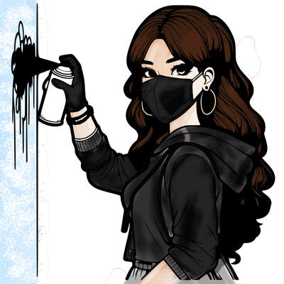 realistic girl with mask spray painting a wall