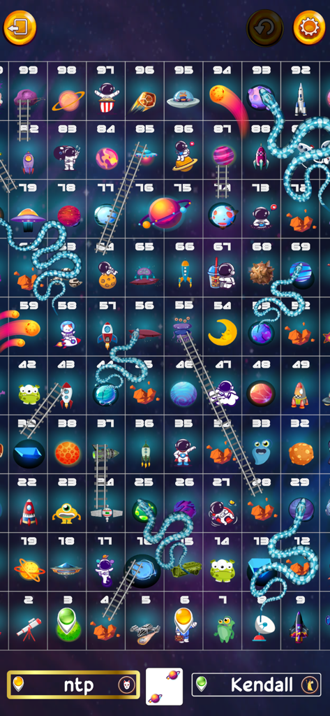 Snakes & Ladders Offline - Captura de pantalla del juego Serpientes y Escaleras Sin Conexión con un tablero colorido con temática espacial con planetas y astronautas.