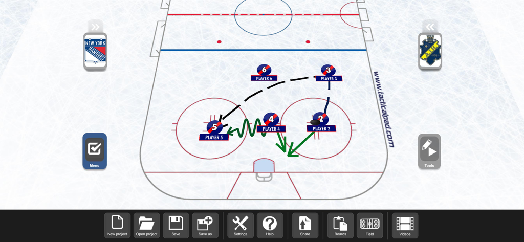 TacticalPad Ice Hockey - TacticalPad Ice Hockey app interface showing a designed play with player movements on an ice rink